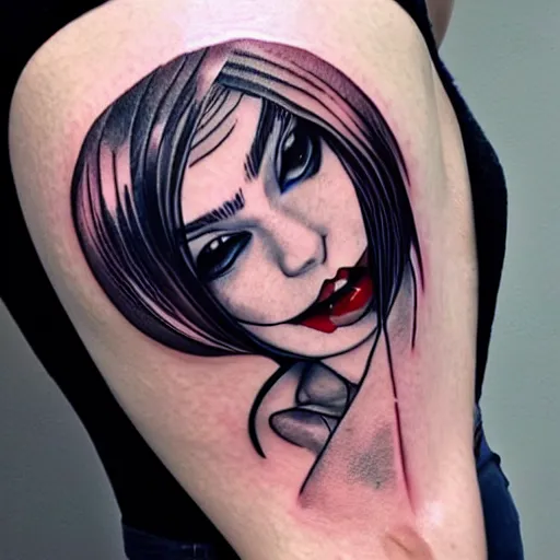 Image similar to tattoo design, stencil, portrait of harley quinn by artgerm