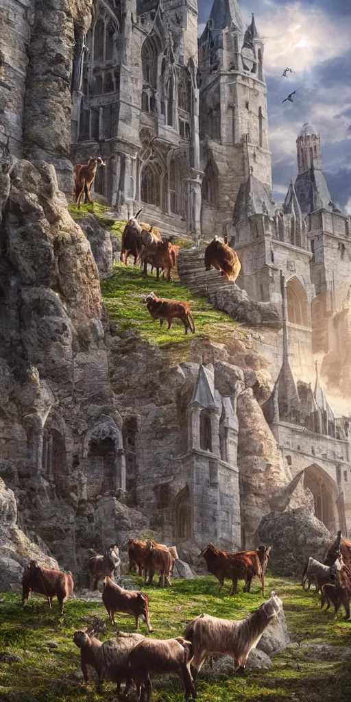 Prompt: a herd of goats! on stairs in a beautiful fantasy cathedral, medieval citadel, medieval castle, many goats, magic, tall towers, gorgeous clouds, colorful, open space, sunrays, digital painting, landscape, octane render, unreal engine, high detail, very realistic