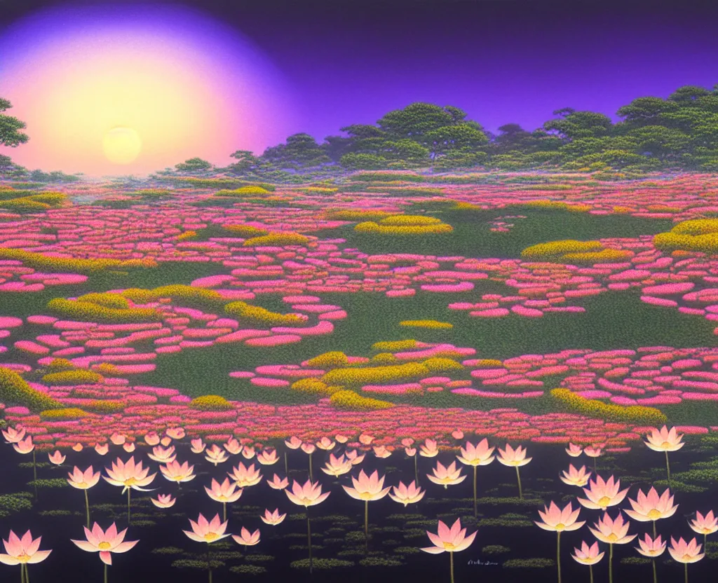 Image similar to a landscape pastel in the style of noriyoshi ohrai and mark tedin of a holy field of lotus flowers, night time. key art. 4 k retrofuturistic fantasy