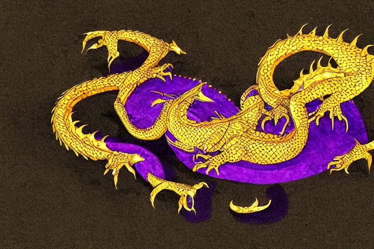 Image similar to a purple and gold dragon laying on its back, relaxing dragon