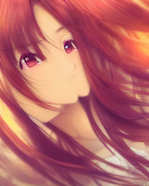 Image similar to happy cute teenage girl Portraits.Closeup of the pretty Anime girl's side face with her head slightly raised.Slightly curly Orange flowing hair .Shining highlights in Background.vivid color.digital 2D, painterly style, cinematic matte Illustration,trending on pixiv and artstation.Fine particles Red maple leaves fluttering in the air. anime wallpaper，Sunlight on the face.by Mika Pikazo，米山舞，Yoneyama Mai，Makoto Shinkai, VOFAN