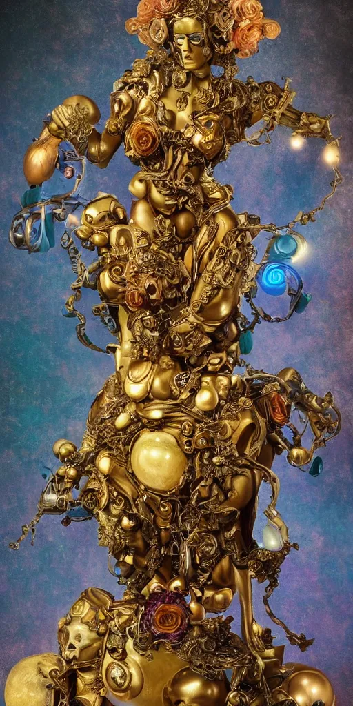 Image similar to a young beautiful Italian metal android with a large glowing yellow lit crystal in the center of her chest, full-body bronze cyberpunk style statue of Venus with glowing purple eyes, crown of mechanical peach roses, flowing teal-colored silk, fabric, steampunk flowers. baroque elements, human skull. full-length view. baroque element. intricate artwork by caravaggio. many flying horses on background. Trending on artstation, octane render, cinematic lighting from the right, hyper realism, octane render, 8k, depth of field, 3D