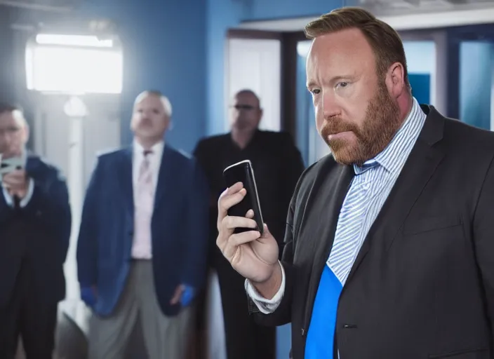 Image similar to dslr photo still of infowars host alex jones in a blue suit fat beard and mustache sitting depressed in a room filled to the ceiling with cell phones, 5 2 mm f 5. 6