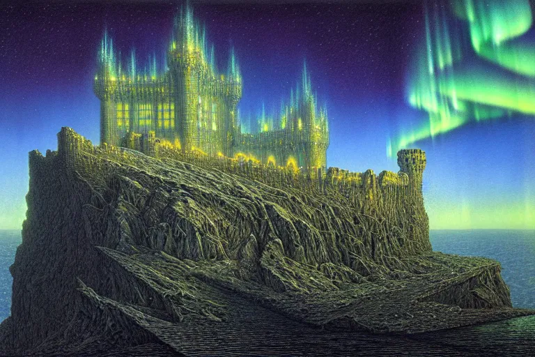 Image similar to highly detailed photoreal eldritch biomechanical castle on a cliff, aurora borealis, psychedelic by alan lee, john howe. ted naismith