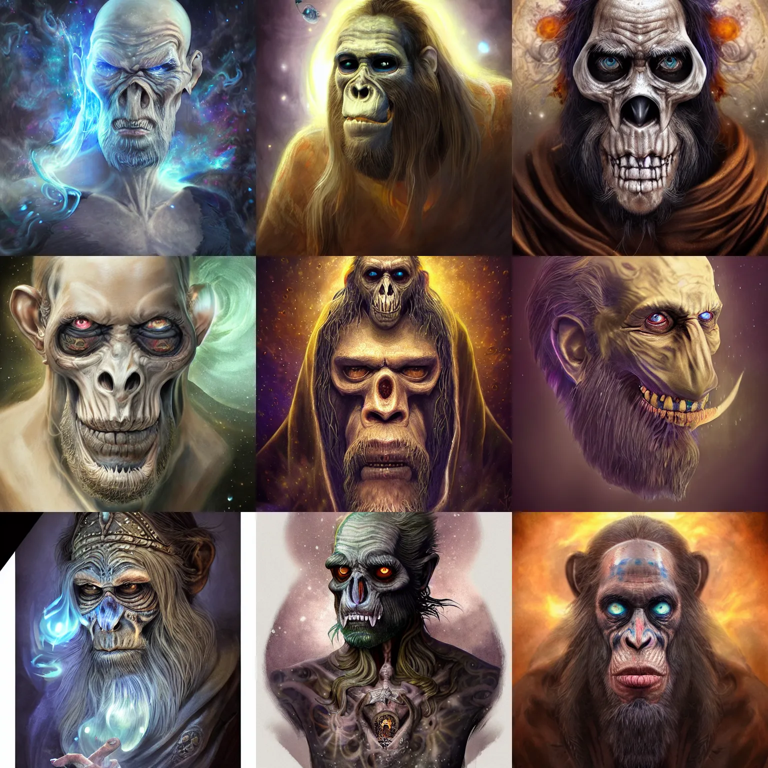 Image similar to a wlop 3 d render of very very very very highly detailed beautiful mystic portrait of a phantom undead mage ape with whirling galaxy around, tattoos by anton pieck, intricate, extremely detailed, digital painting, artstation, concept art, smooth, sharp focus, illustration, intimidating lighting, incredible art,