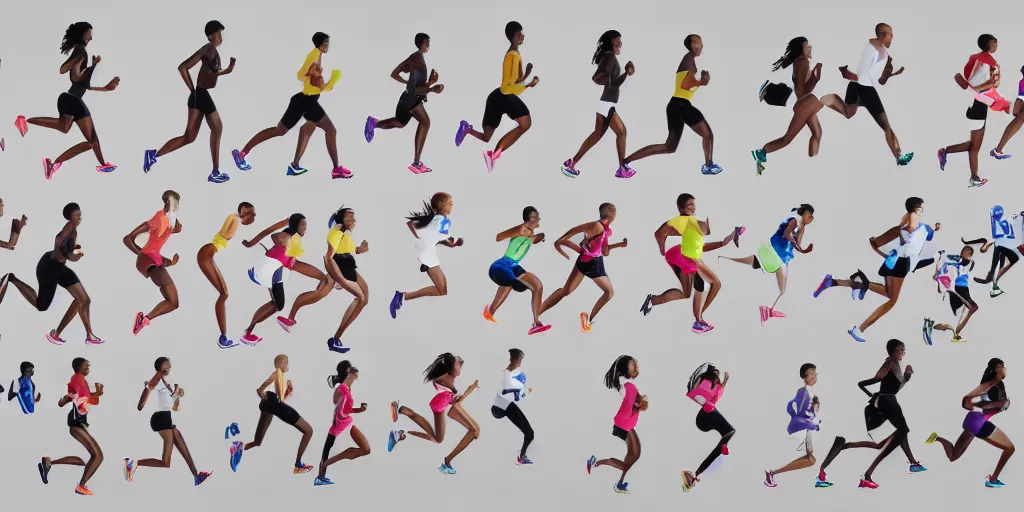 Prompt: Storyboard Sketch of Studio Photograph of starting line of many diverse marathon runners. multiple skintones. Frontal. Shot on 30mm Lens. Advertising Campaign. Wide shot. Fashion Studio lighting. White background.