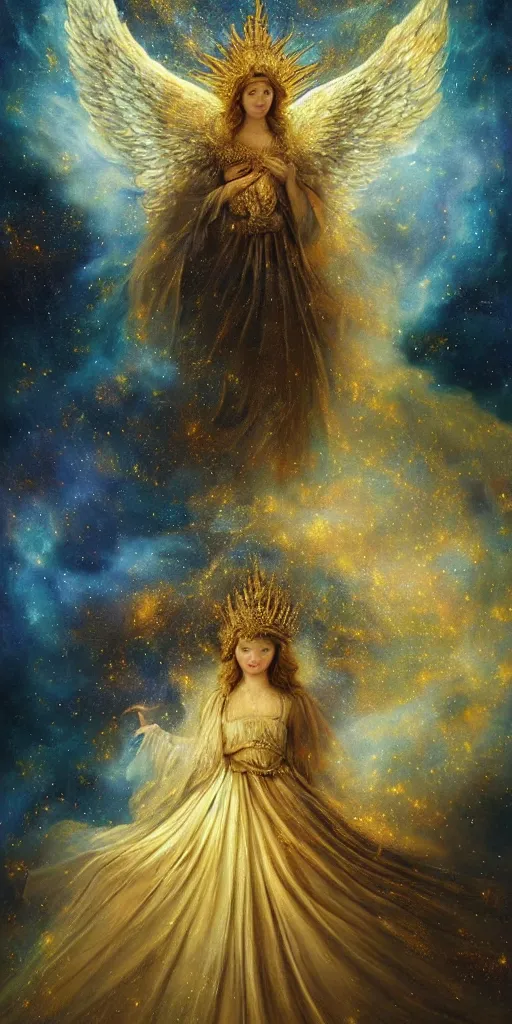 Prompt: breathtaking detailed soft painting of a celestial angel with stars and galaxy, gauze dress of fireflies, rembrandt style, swirls of light intricated in a golden crown, a hall of mountain kings, in a nebulae galaxy with golden ribbons flying in flames, elegant, highly detailed, artstation, concept art, matte, sharp focus, art by Anato Finnstark, richard kane ferguson and Greg Rutkowski