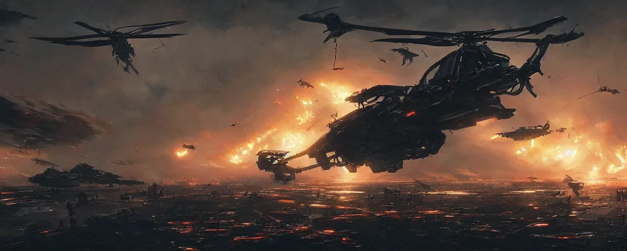 Prompt: a futuristic cyberpunk helicopter in war scene, epic scene, big explosion, by greg rutkowski