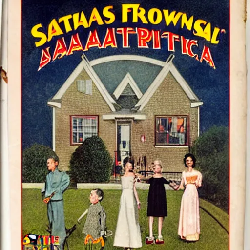 Image similar to Satani States of America, alternate history, 1959 Stepford suburban living, nuclear family, Satanic family, gothic children, drawn by Norman Rockwell