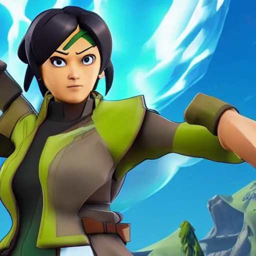 Image similar to toph beifong in fortnite, eyes closed, character render, full body shot, highly detailed, in game render