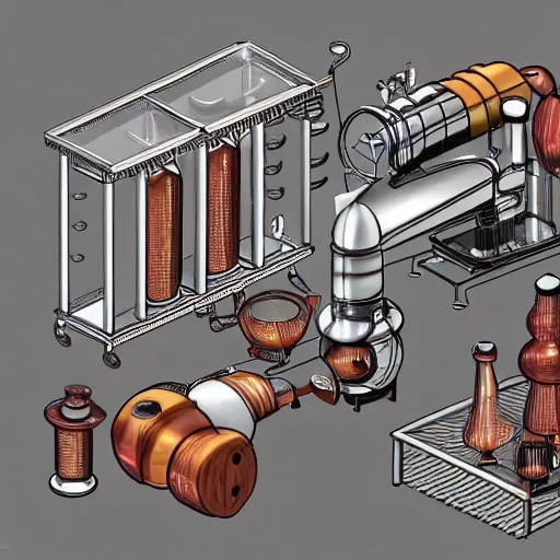 Prompt: isometric view of a large coffee machine, rube goldberg machine, made of molten iron and glasswork, rivets, glass vials, glass bulbs, beautiful