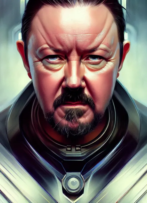 Image similar to portrait of ricky gervais, sci - fi, muscular! cyberpunk, intricate, elegant, highly detailed, digital painting, artstation, concept art, smooth, sharp focus, illustration, art by artgerm and greg rutkowski and alphonse mucha