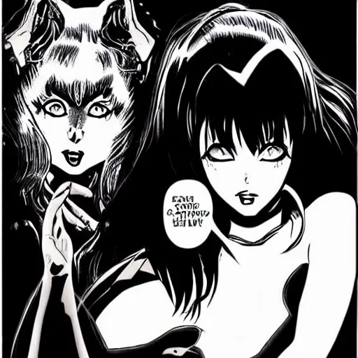 Prompt: Elvira in a dark comic book, the dark goddess summons evil, manga style artwork