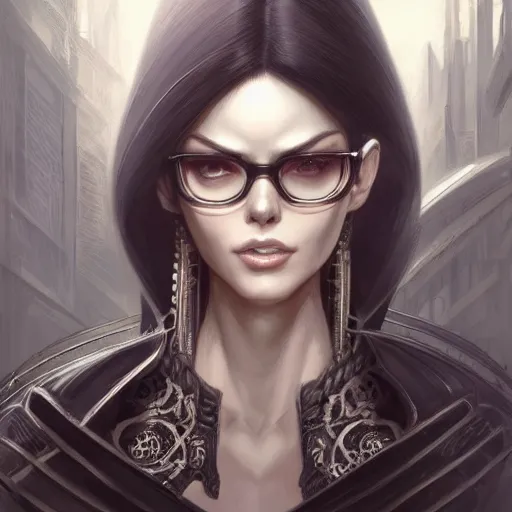 Image similar to a portrait of bayonetta, upper half portrait, urban motifs, intricate, elegant, highly detailed, digital painting, trending on artstation, concept art, smooth sharp focus, illustration, art by artgerm and greg rutkowski