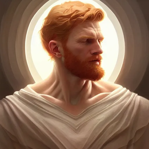 Image similar to beautiful natural middle aged male ginger god wearing a white perizoma, intricate, elegant, highly detailed, digital painting, artstation, concept art, smooth, sharp focus, illustration, art by artgerm and greg rutkowski and alphonse mucha and loish and WLOP