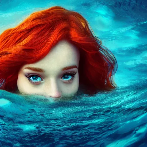 Image similar to the little mermaid swimming through a vast ocean, highly detailed face, photo realistic, full body, cinematic lighting, digital art, vivid colors, crown, 8 k