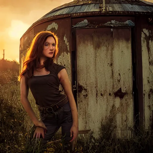 Image similar to fallout 5, charismatic beautiful rugged brunette female protagonist, portrait, outdoors abandoned farmhouse with decrepit water tower, atmospheric lighting, painted, intricate, volumetric lighting, beautiful, daytime, sunny weather, slight overcast, golden hour, sharp focus, deep colours, ultra detailed, by leesha hannigan, ross tran, thierry doizon, kai carpenter, ignacio fernandez rios