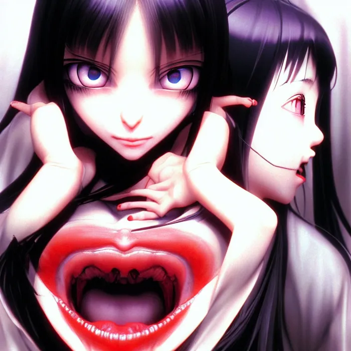 Image similar to renaissance portrait of the secretive vampire girl loner smiling at her next victim, by katsuhiro otomo, yoshitaka amano, nico tanigawa, and artgerm rendered with 3 d effect.