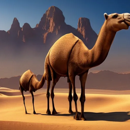 Image similar to a giant camel with an entire city on its back, photorealistic, highly detailed, desert