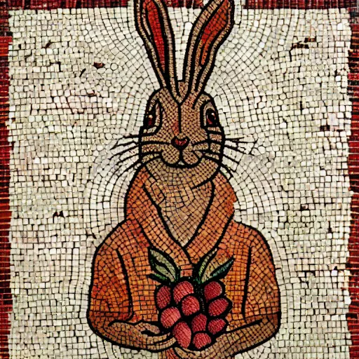 Image similar to a rabbit eating raspberries in the style of ancient mosaic