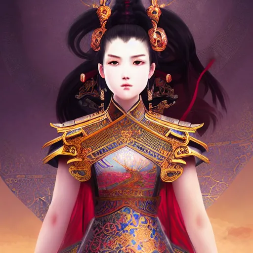 Prompt: portrait black hair young knights of Dynasty Warriors girl, rose golden color armor, in ruin chinese palace rooftop sunrise, ssci-fi and fantasy, intricate and very beautiful and elegant, highly detailed, digital painting, soft light, artstation, concept art, smooth and sharp focus, illustration, art by tian zi and WLOP and alphonse mucha