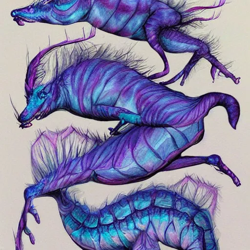 Prompt: insane by bess hamiti blue - violet. a beautiful drawing of a group of creatures that looks like a mix of different animals. most of the creatures have human - like features, such as arms & legs, & some are standing upright while others are crawling or flying.