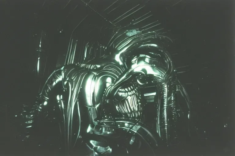 Image similar to vintage photo of alien invasion xenomorph giger style, flash photography at night, retro 1 9 7 0 s kodachrome