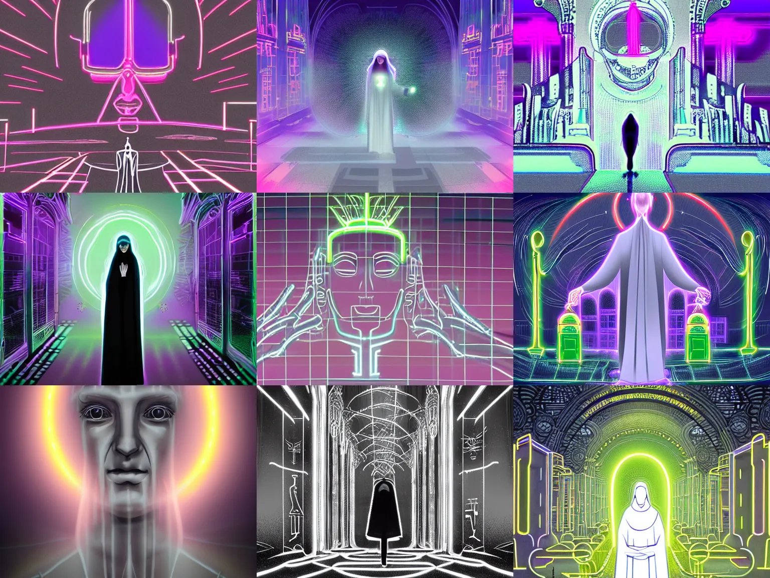 Prompt: !dream a gray faceless figure, ascended, robot wizard, NPC with a saint\'s halo, saintly halo behind their head made of neon filigree, consulting the cyber oracle of all knowledge, at the end of time, in an esoteric ritual exchange of physical code, muted neon mists obscure the towering arcological ruins of future cities, 8k, 4k, unreal 5, DAZ, trending on artstation, octane render, abstract painting, bright blue future