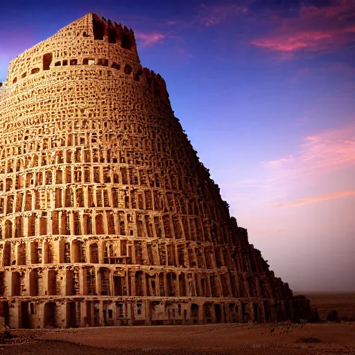 Prompt: cinematic still looking up at the tower of babel, epic, Akkadian architecture, desert background