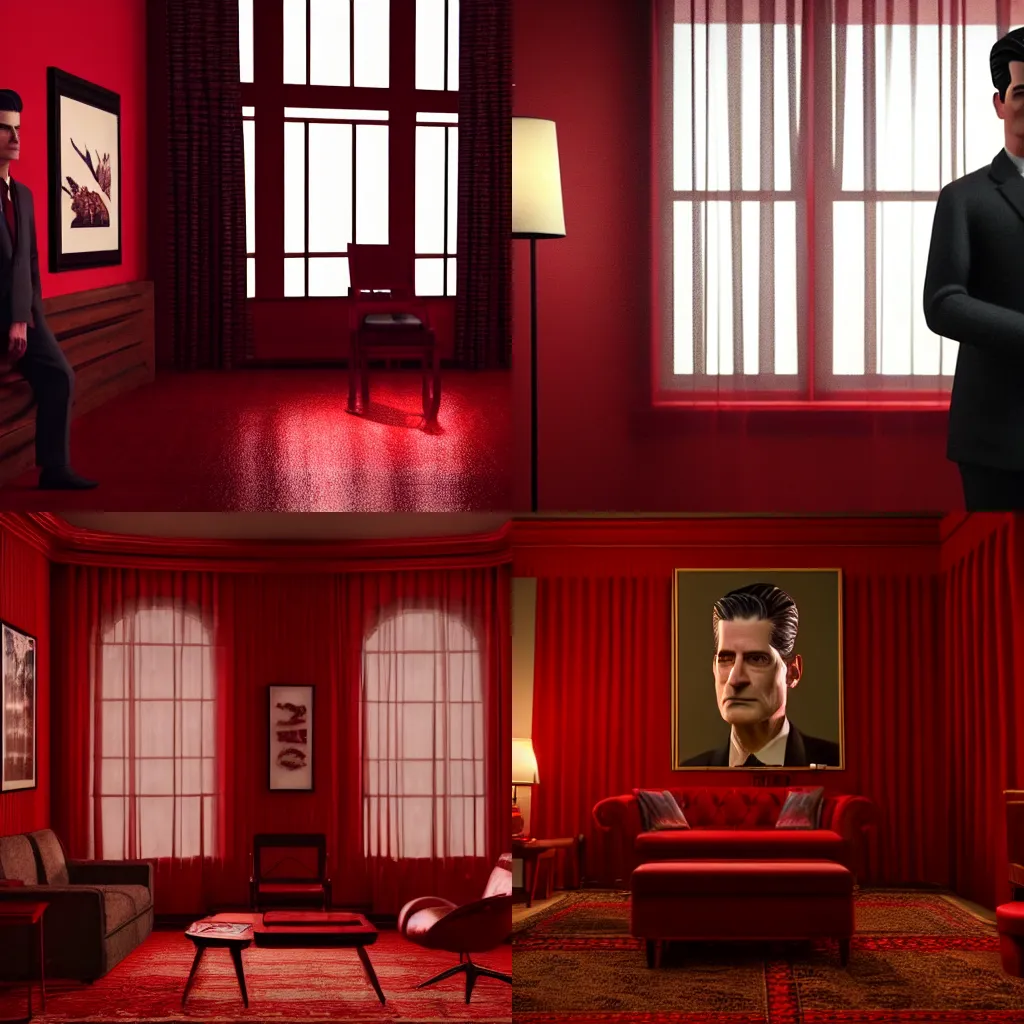 Prompt: Dale cooper from twin peaks looking over red room, photorealistic, realistic 4k octane beautifully detailed render, 4k post-processing, highly detailed, intricate complexity, epic composition, magical atmosphere, cinematic lighting, masterpiece, ultra hd