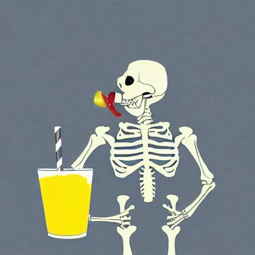 Image similar to skeleton drinking a lemonade, lemonade spilling from its tummy