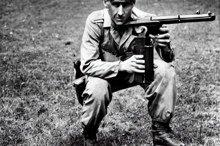 Prompt: Lionel Messi with a gun in world war 2, wide shot full body vintage photograph