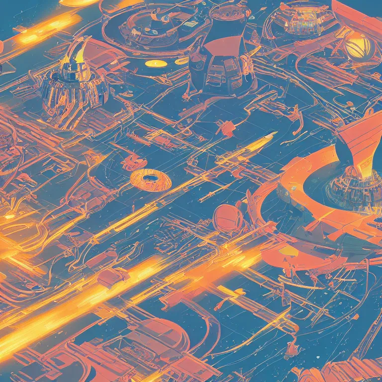 Image similar to isometric view illustration of a very lively space port , highly detailed, end of the day, by James Gilleard and Bruce Pennington