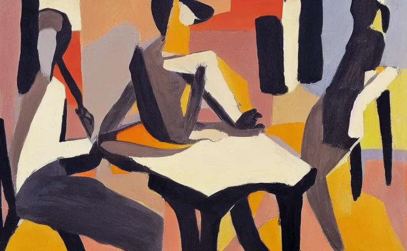 Prompt: painting in the style of john craxton sailors. seated figure hands on table. similar aesthetics to ivon hitchins.. drawing on painting, brush marks