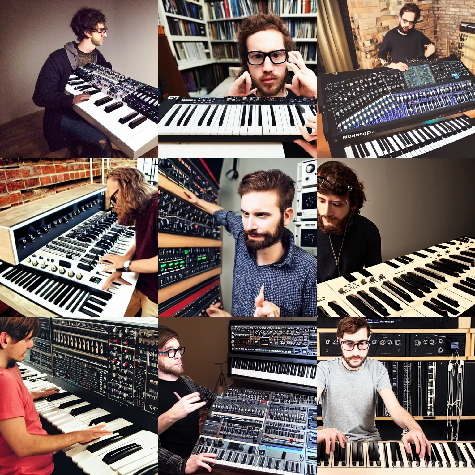 Prompt: arrogant music critic hipster showing off huge modular synthesizer keyboards