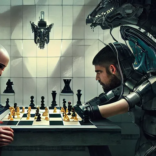 Prompt: a chess match between a beautiful cyborg from ex machina and a human chess player, highly detailed, intricate, sharp, futuristic, rendering by wlop, beeple, greg rutkowski