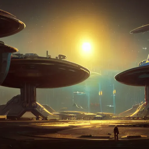 Image similar to a spaceport environment invaded by dark aliens, background art, pristine concept art, small, medium and large design elements, golden hour, in the style of WLOP and Ross Tran