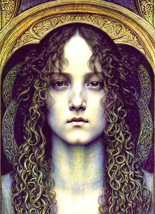 Image similar to detailed realistic beautiful young medieval queen face portrait by jean delville, gustave dore and marco mazzoni, art nouveau, symbolist, visionary, gothic, pre - raphaelite. horizontal symmetry