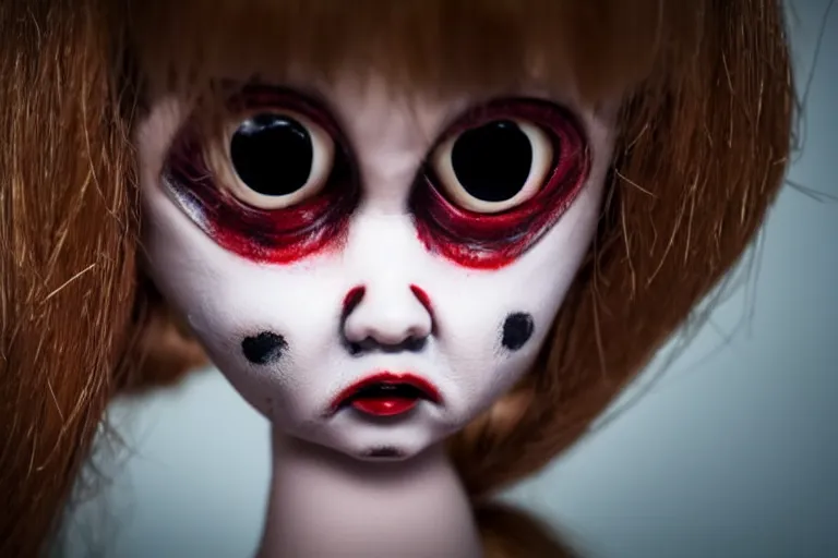 Image similar to a killer doll with human eyes staring out at the viewer