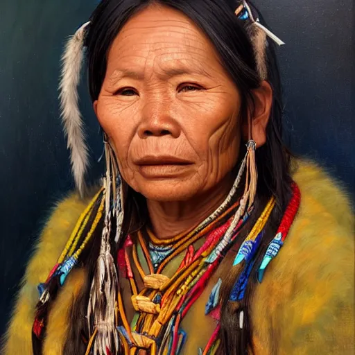 Prompt: portrait of an aboriginal paiwan woman ( 3 5 ) from taiwan in 2 0 2 1, an oil painting by ross tran and thomas kincade