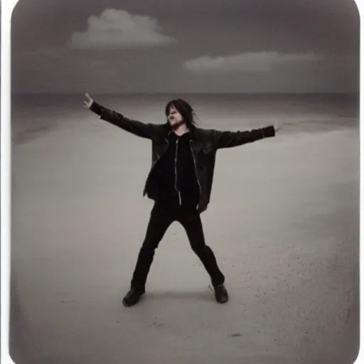 Image similar to 9 0 s polaroid photograph of norman reedus wearing a trenchcoat at night, dancing on a beach during cloudy weather, vignette