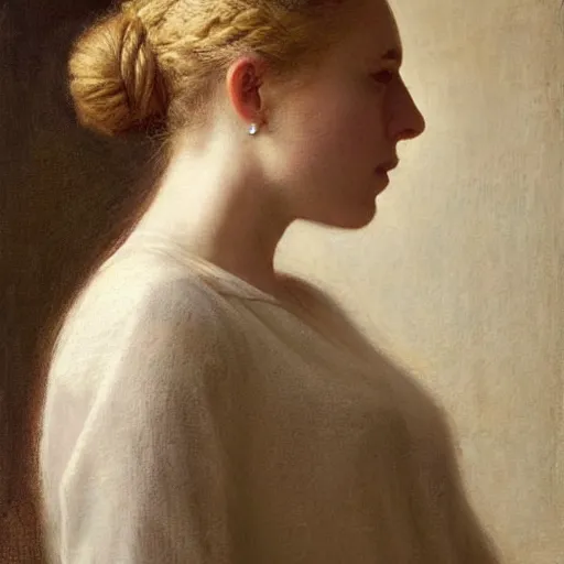 Prompt: woman, braided hairstyle, blonde, profile view, eyes closed, white shirt, earpods, henri fantin - latour, serge marshennikov