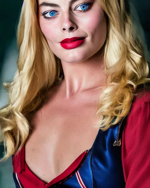 Image similar to A portrait of a margot robbie in a cosplay uniform, piercing eyes, highly detailed, bokeh, professional photograph, full body shot 4K, HD