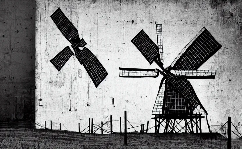 Image similar to mural of dutch windmill, black and white paint, stencil art, abstract, cyberpunk, painted on a giant wall