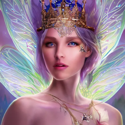 Prompt: detailed portrait of a fairy queen with wings wearing a silk robe, crown, pixie, iris, realism, emerald, galaxy, sapphire,blonde hair going down to the floor, moonlit, wearing a bejeweled mask, dark fantasy, dramatic lighting, cgsociety, artstation