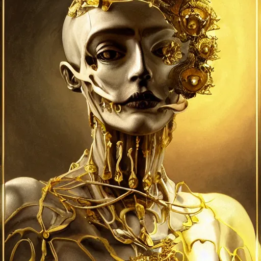 Image similar to portrait of Hecate as a marble statue skeleton, skeleton Hecate, greek mythology, gold crown and filaments, intricate, headshot, highly detailed, digital painting, artstation, concept art, sharp focus, cinematic lighting, illustration, art by artgerm and greg rutkowski, alphonse mucha, Caravaggio, chiaroscuro, cgsociety