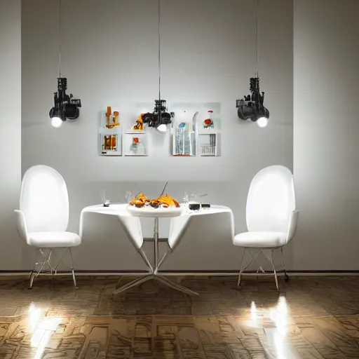 Image similar to three large white glossy kuka industrial robot having a dinner party inside a fancy dining room with retro modern furniture and decor, global illumination, artstation, fantasy, volumetric light