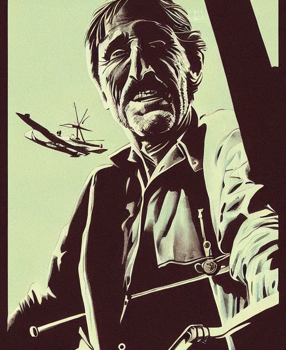 Prompt: Roy Scheider as Chief Brody in Jaws (1974), illustrated by Les Edwards, Mondo art print, poster, detailed, symmetrical