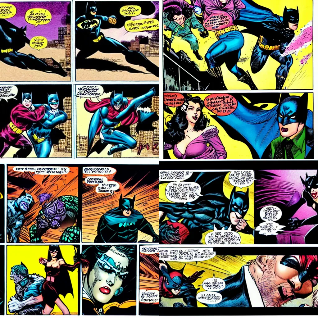 Prompt: comic strip of a Batman punching a Catwoman and then running away, by Jim Lee