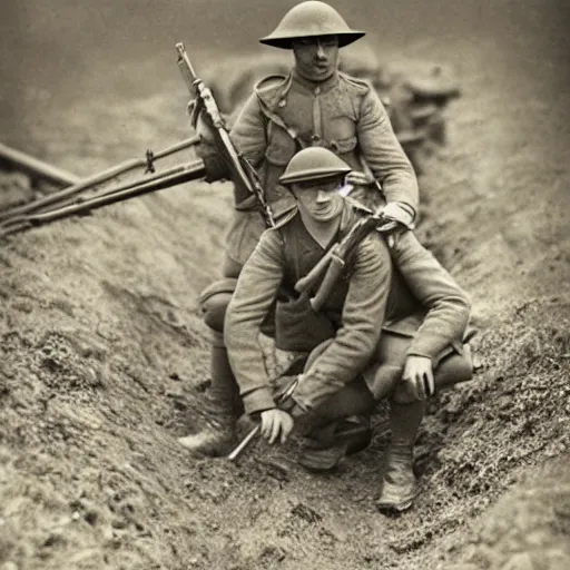 Prompt: cute fluffy caracal in trenches of ww 1, wearing ww 1 hermet, with rifle, old photo, hyperrealistic detailed 8 k